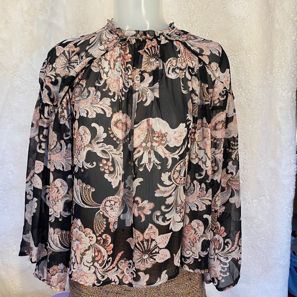 LOFT Petites Long Sleeve Sheer Blouse in Black Floral print - size XXSP (NWT)